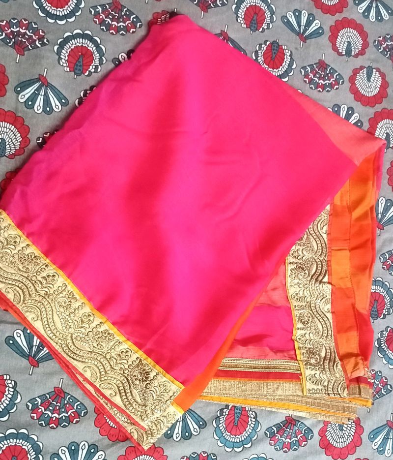 Rose Pink And Orange Saree Without Blouse