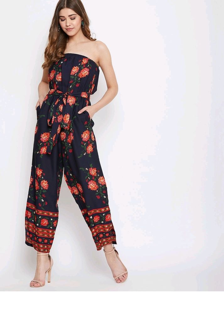 Navy Blue Floral Off Shoulder Waist Tie Up