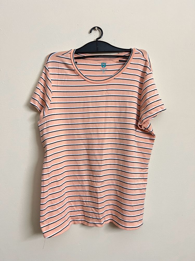 Peach Stripped Tshirt With White And Black Stripes