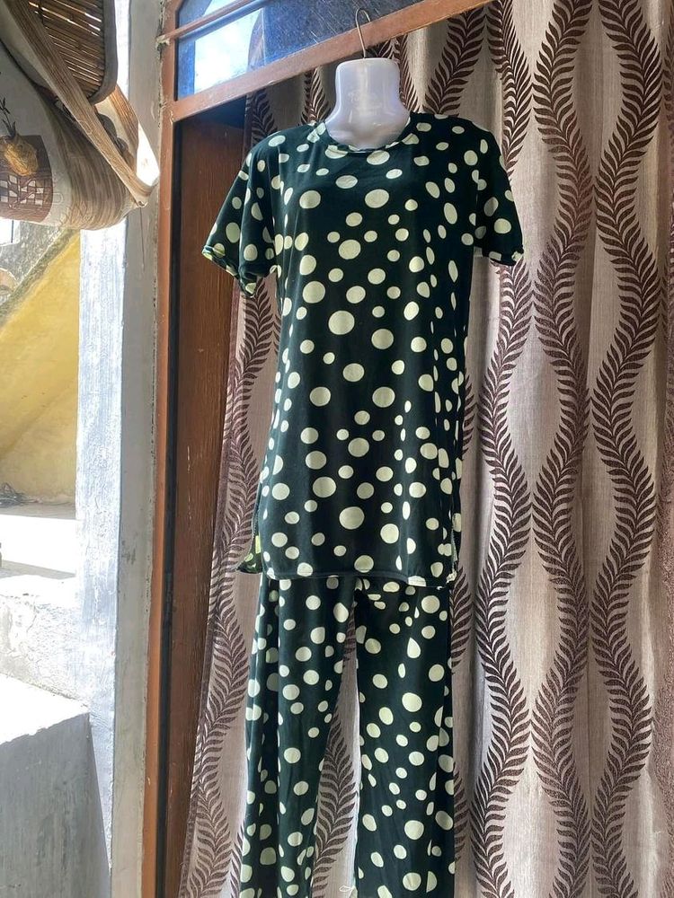 Dark Green Polka Dotted  Co Ord Set