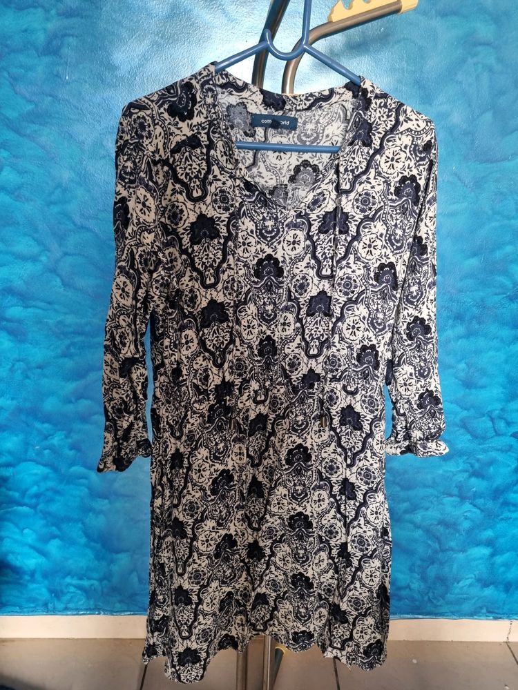 White and Navy Blue Printed ALine Dress