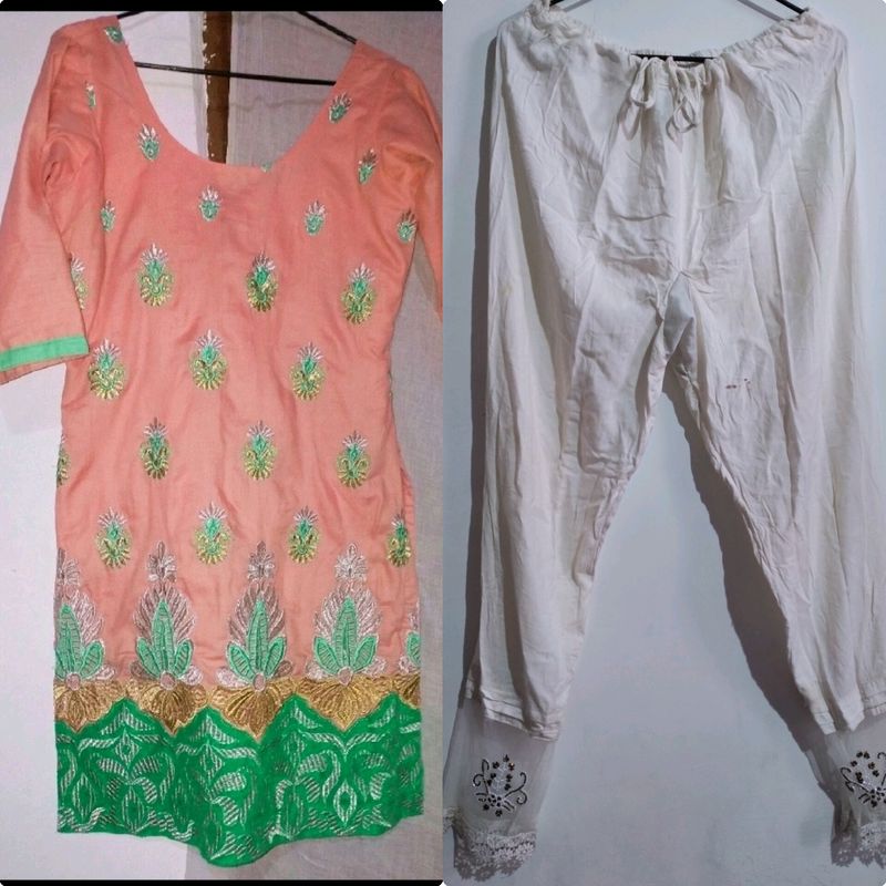 Peach Kurti With White Lace Pant