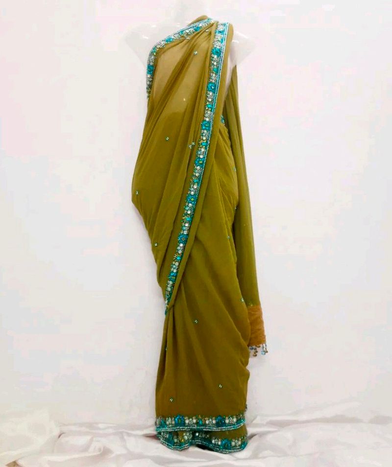 Olive Green Saree With Blue Zari Work On