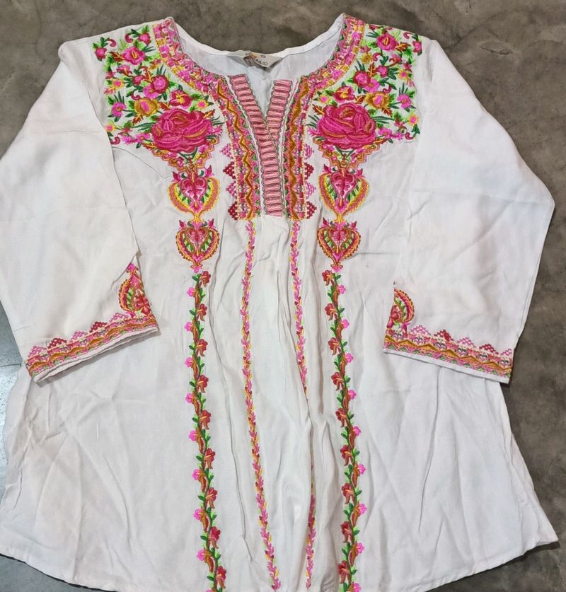 White and Multicolour Embroidered Tunic