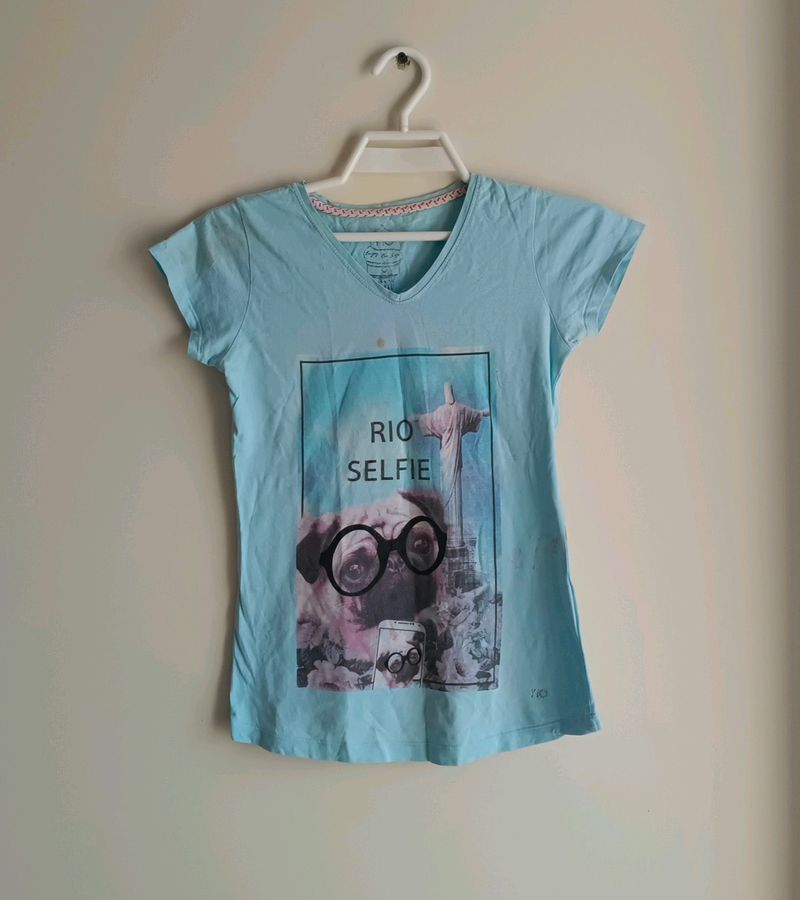 Light Blue Dog Tshirt Pug Graphic