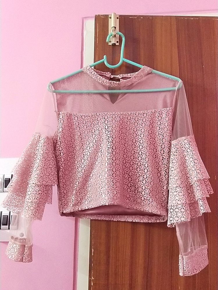 Pink Mesh Offshoulder Looking Net Top