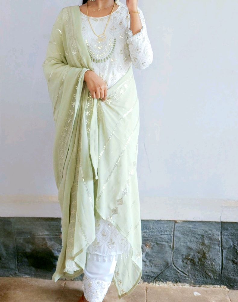 White And Green Embroidered Beautiful Churidhar