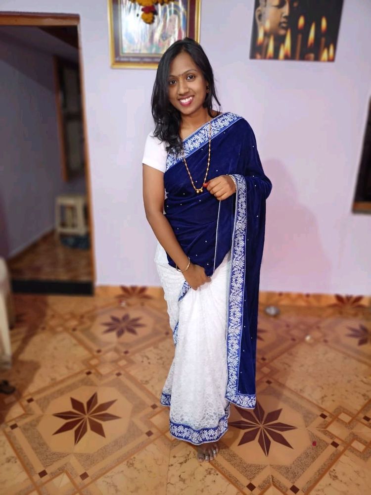 blue and white soft net saree