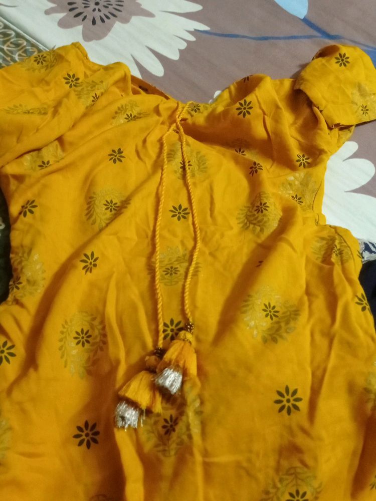 Yellow Mustard Kurta Blue Kurt And Hair clip