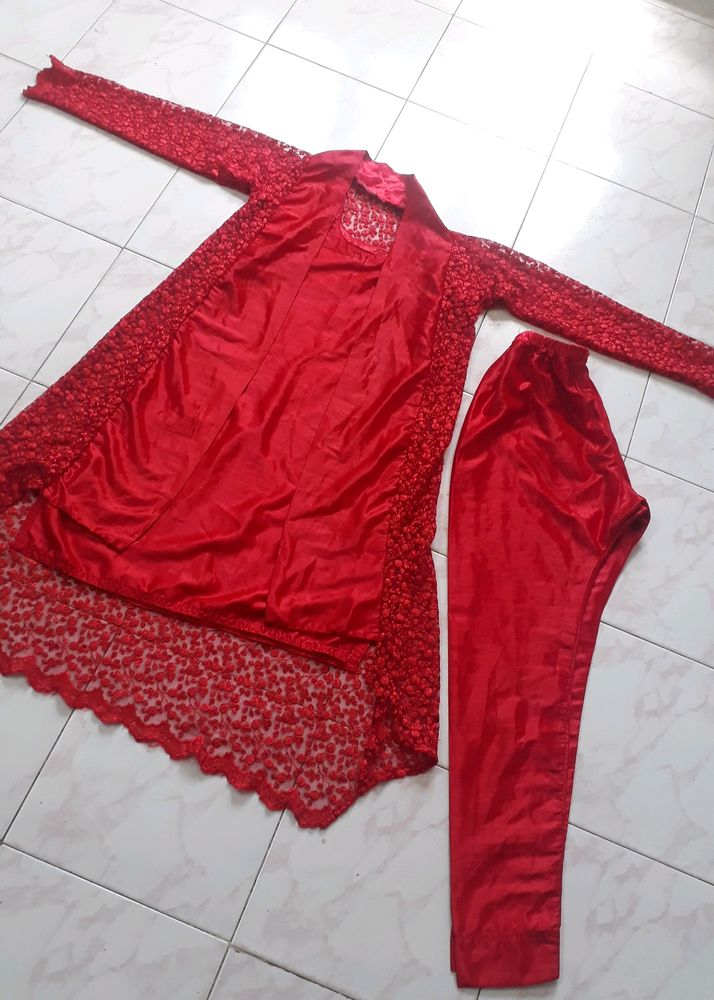 New Red Rose Net Shrug Outfit With Pant And Top