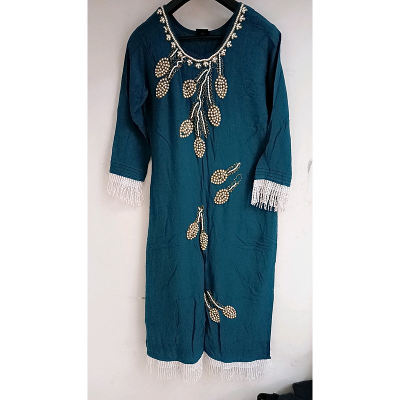 Pearl Embroidery Kurti With White Trauser