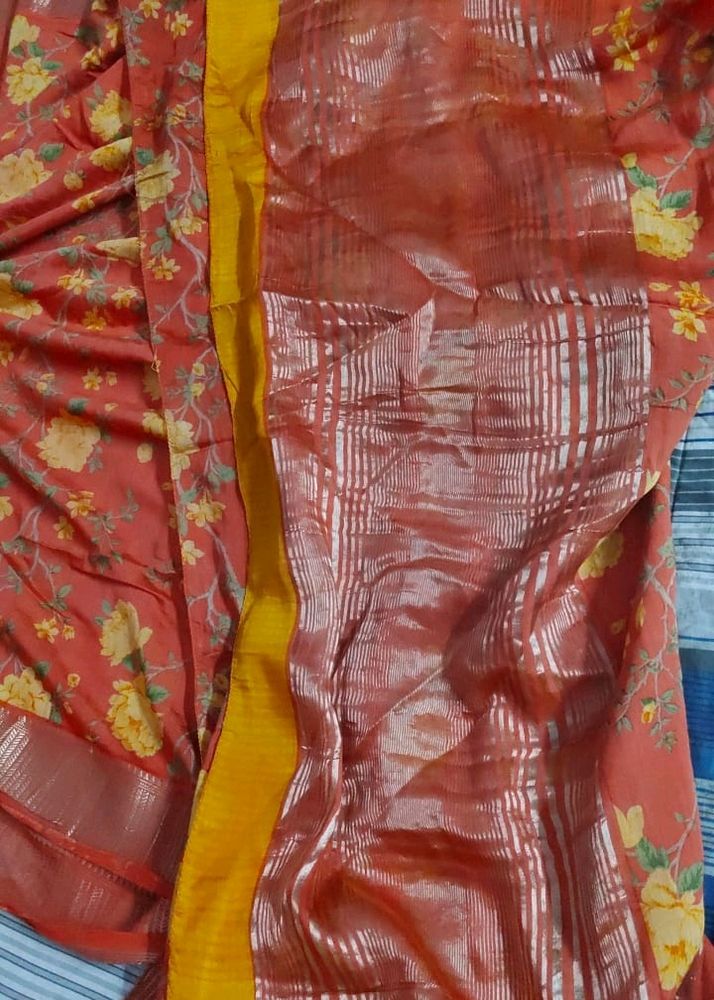 Orange 🧡 Multiprint Silk Saree