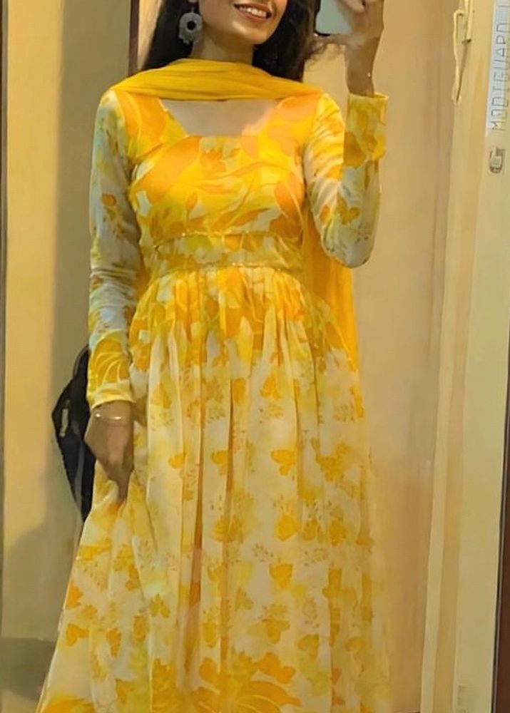 Yellow Anarkali With Duppata And Leggings