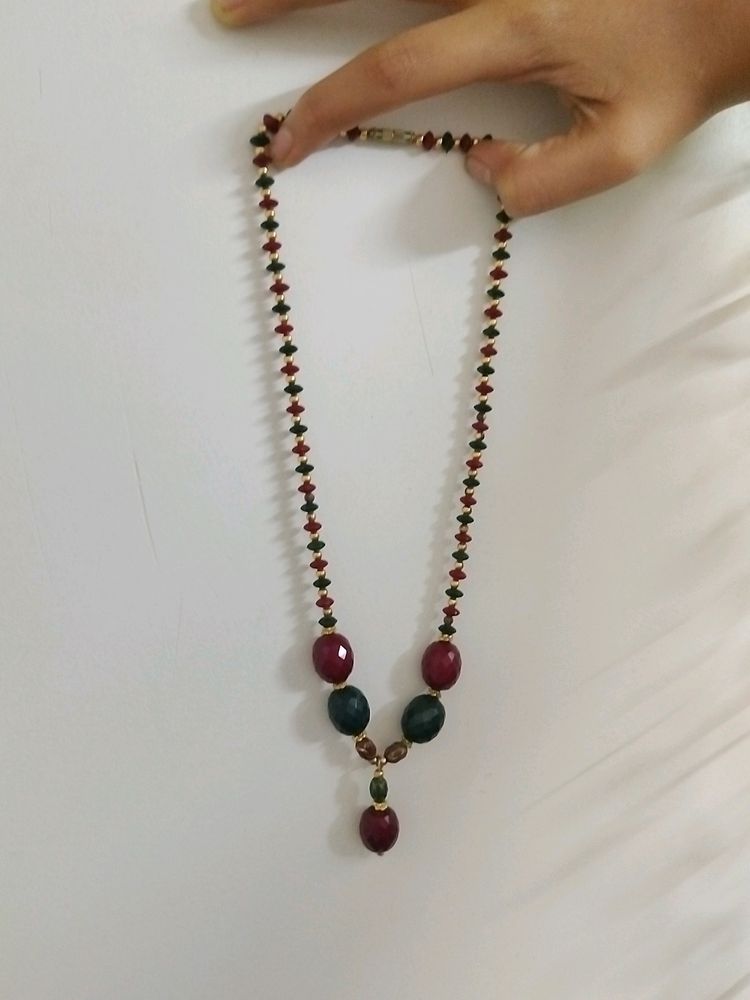 Crystal Maroon Green Pearl & Jaipuri Long Neckace