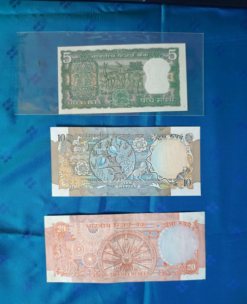 5 Rs Deer, 10Rs Peacock , 20Rs Chakra Indian Notes