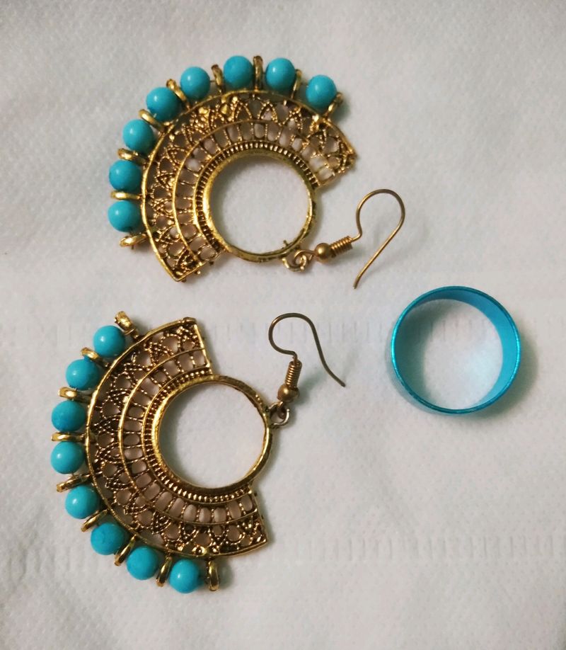 Golden Earrings With Ring Combo