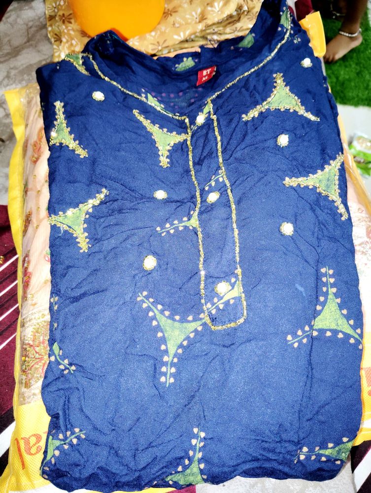 Navy Blue Moti Kadai Kurti And Plazo