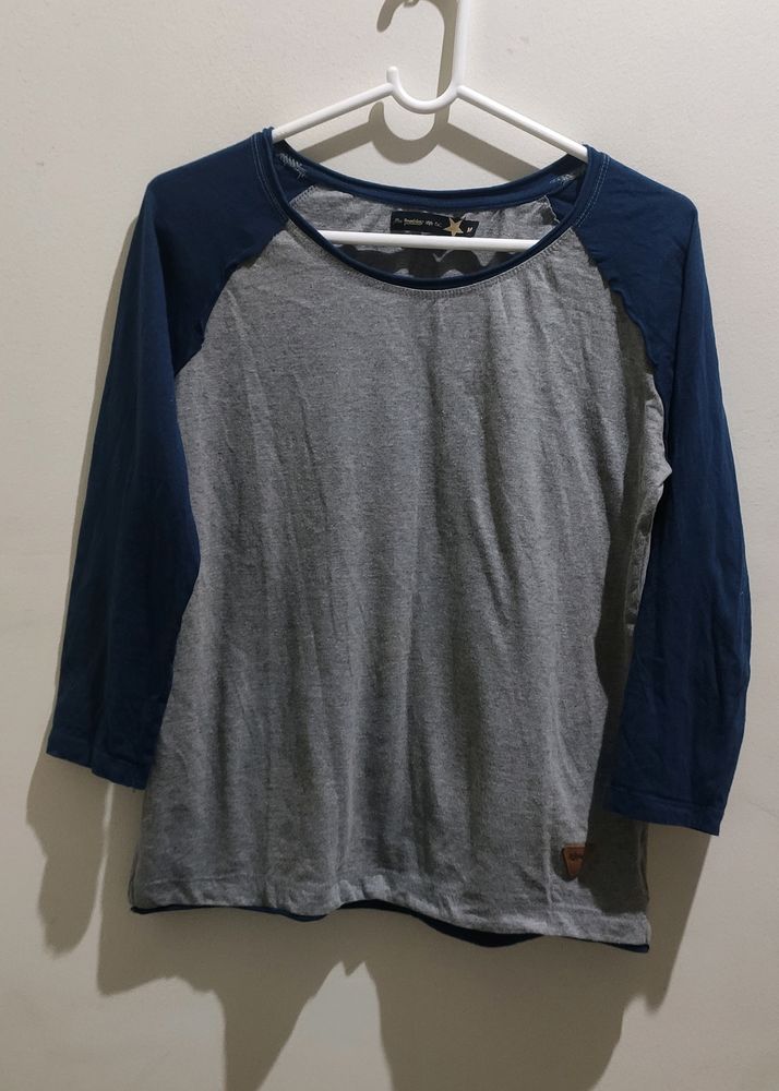 Grey Melange Solid Round Neck Raglan Sleeves Baseball Tshirt