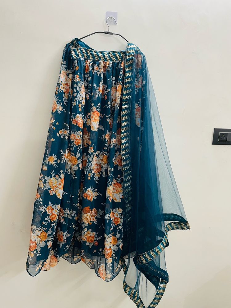 Women Chiffon Blue Lehnga With 2 Tops And Bag