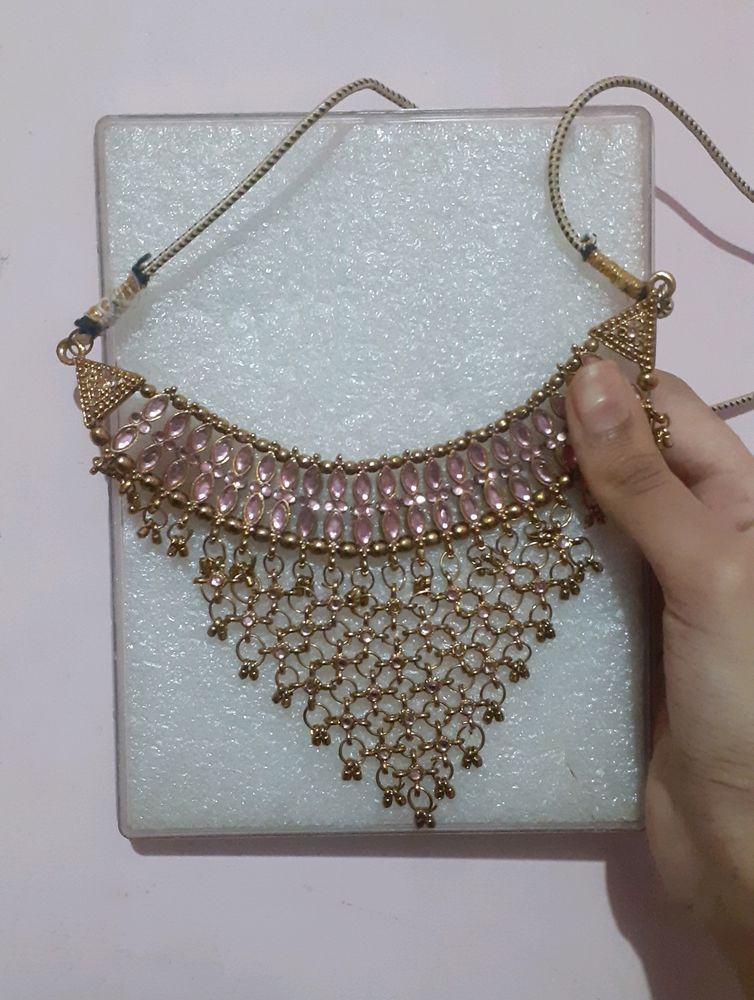 Pink work golden necklace