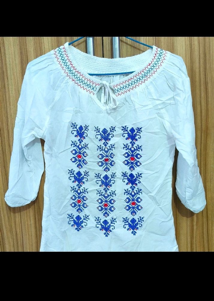 White Colored Top With Blue Embroidery Design, Pur