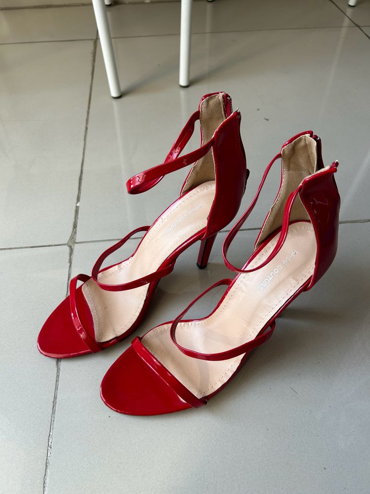 Koovs Red Three Straps Stilettos