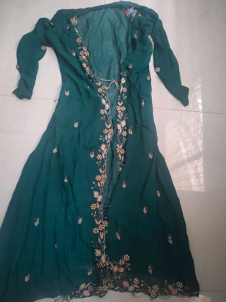 Beautiful Designer Bottle Green Kurti With Shrug