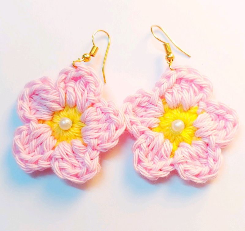 Handmade Crochet Pink Flower Earrings