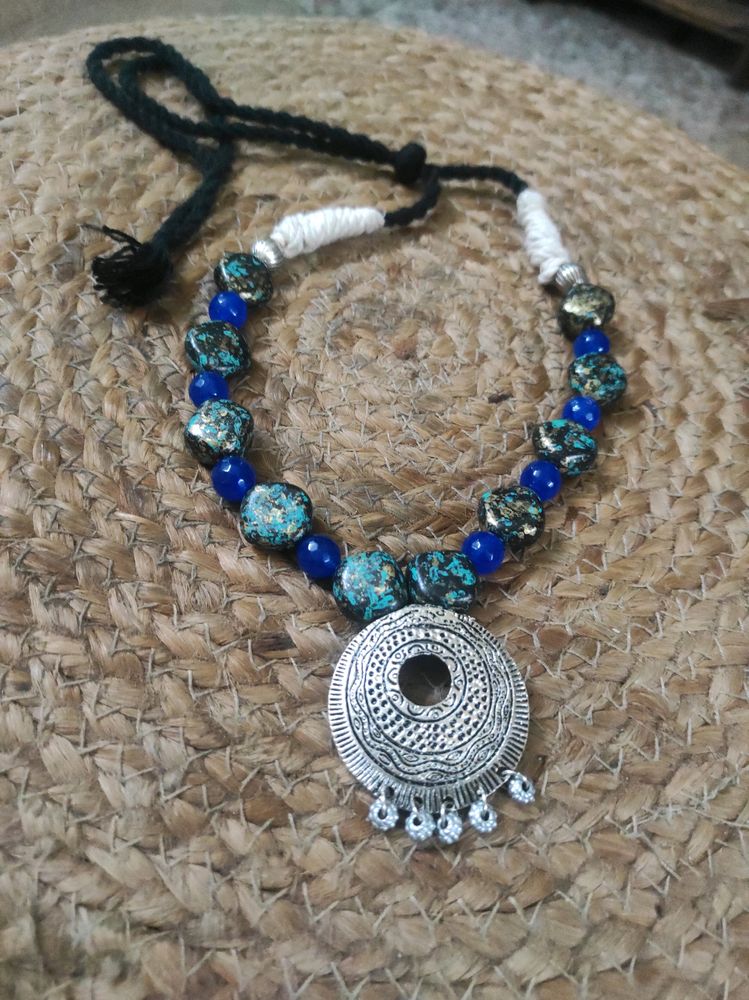 Blue Onyx Stone Necklace With Oxidized Pendant