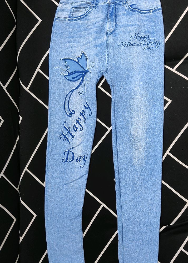 Light Blue Denim Butterfly Print Jeggings