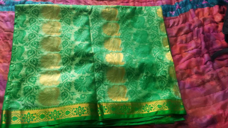 Green Saree With Golden Design