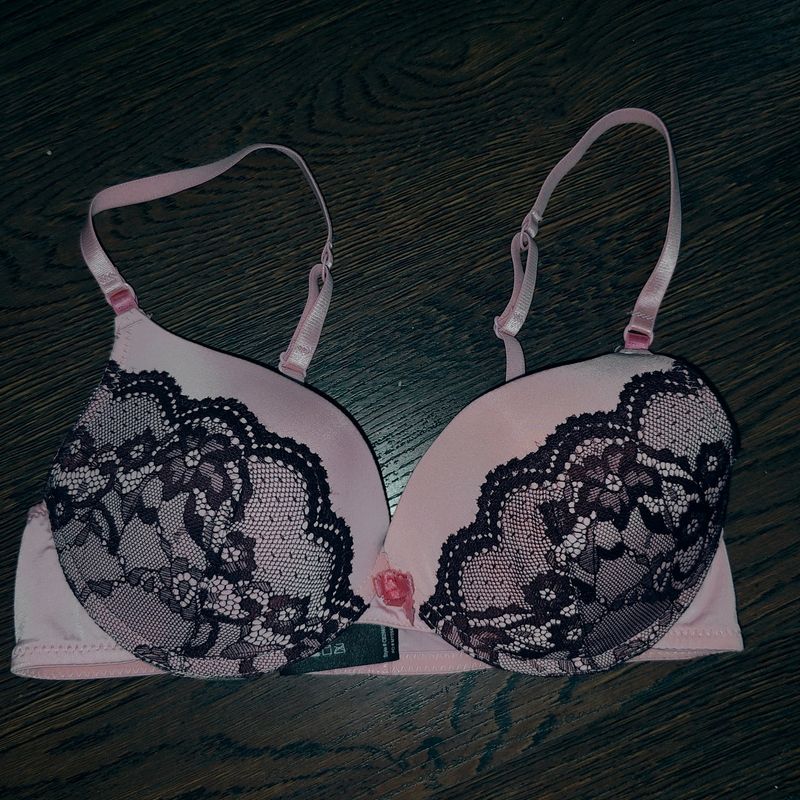 Pink Nylon Lace Push Up Bra