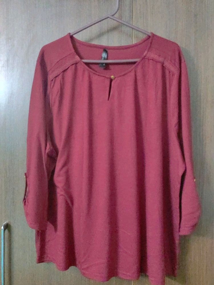 Plus Size Maroon Top With Lace Insert Near Neck