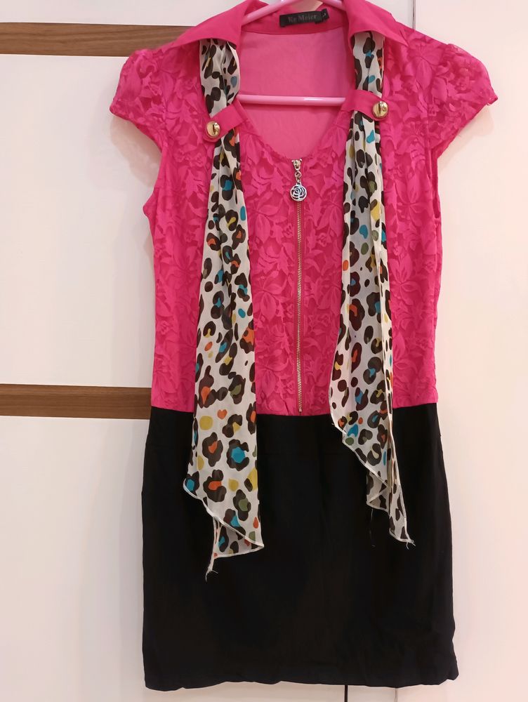 Pink and Black short dress, with printed Scarf