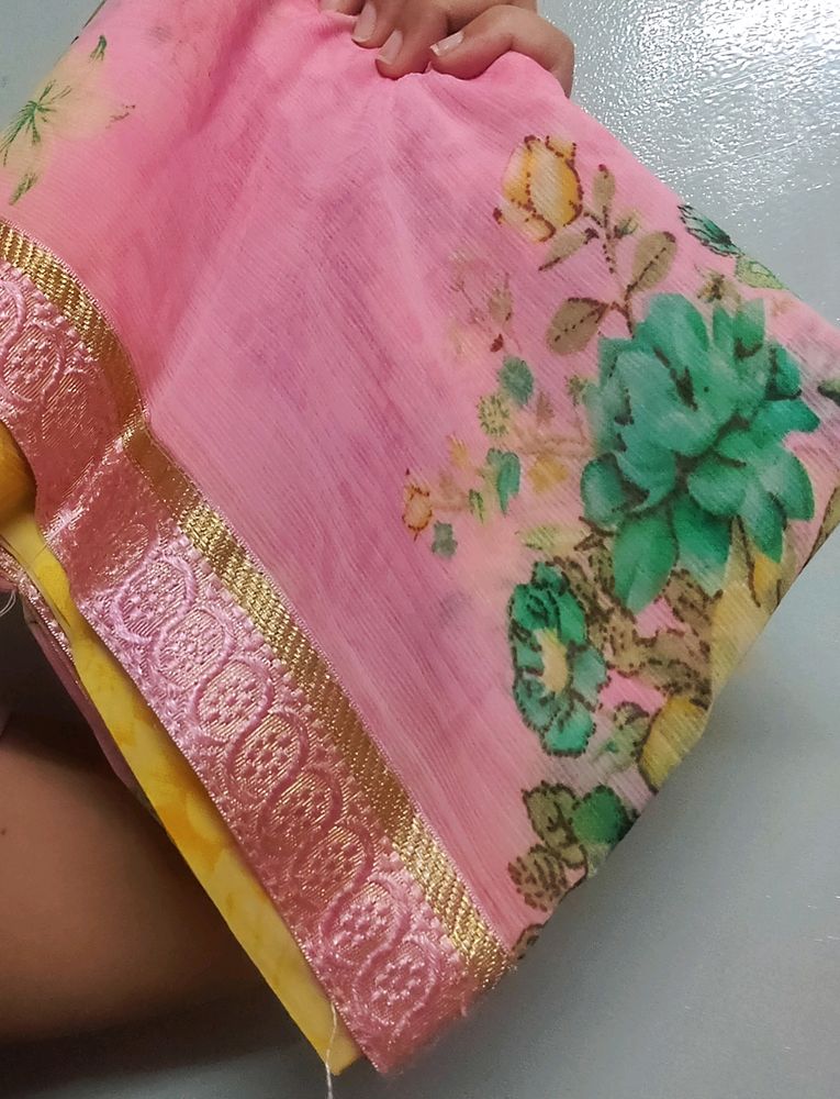 Pink Saare With Yellow Blouse Piece