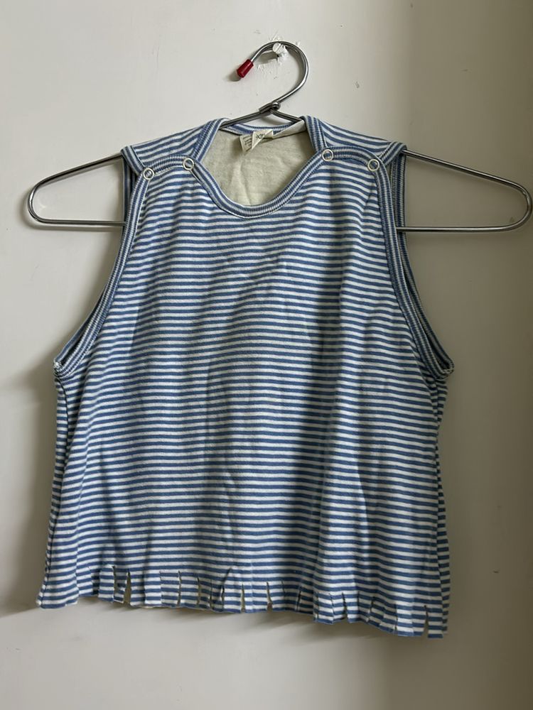 White Blue Stripes Baby Crop Top With Buttons