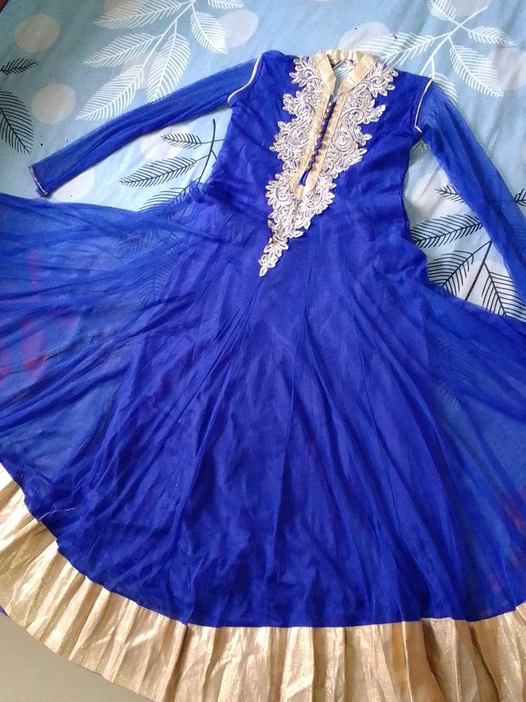 Blue Anarkali Kurti With Coller Neck And Heavy Emb