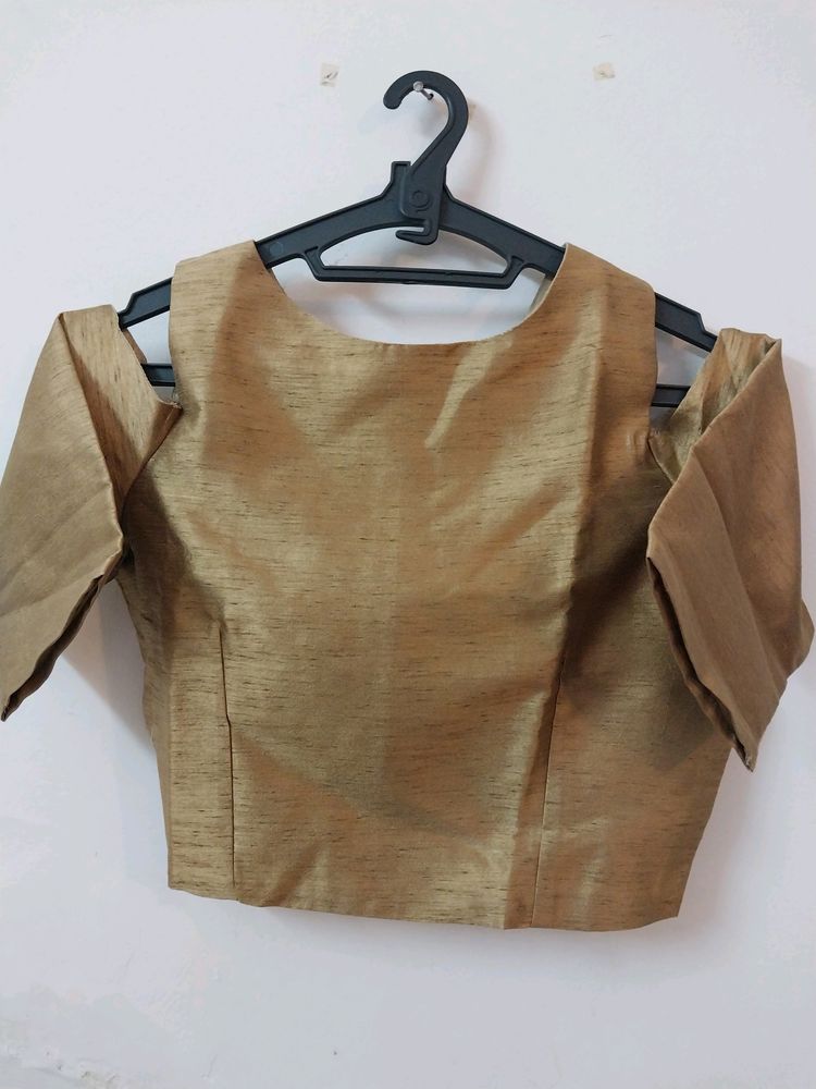 Gold Toned Silk Blend Cold Shoulder Crop Top