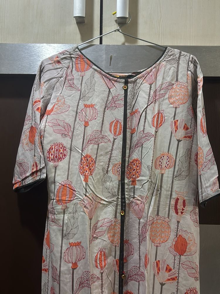 Printed Grey & Orange Kurta