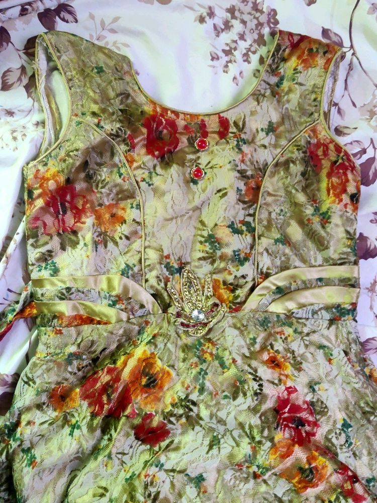 Golden Colourful Floral Frock