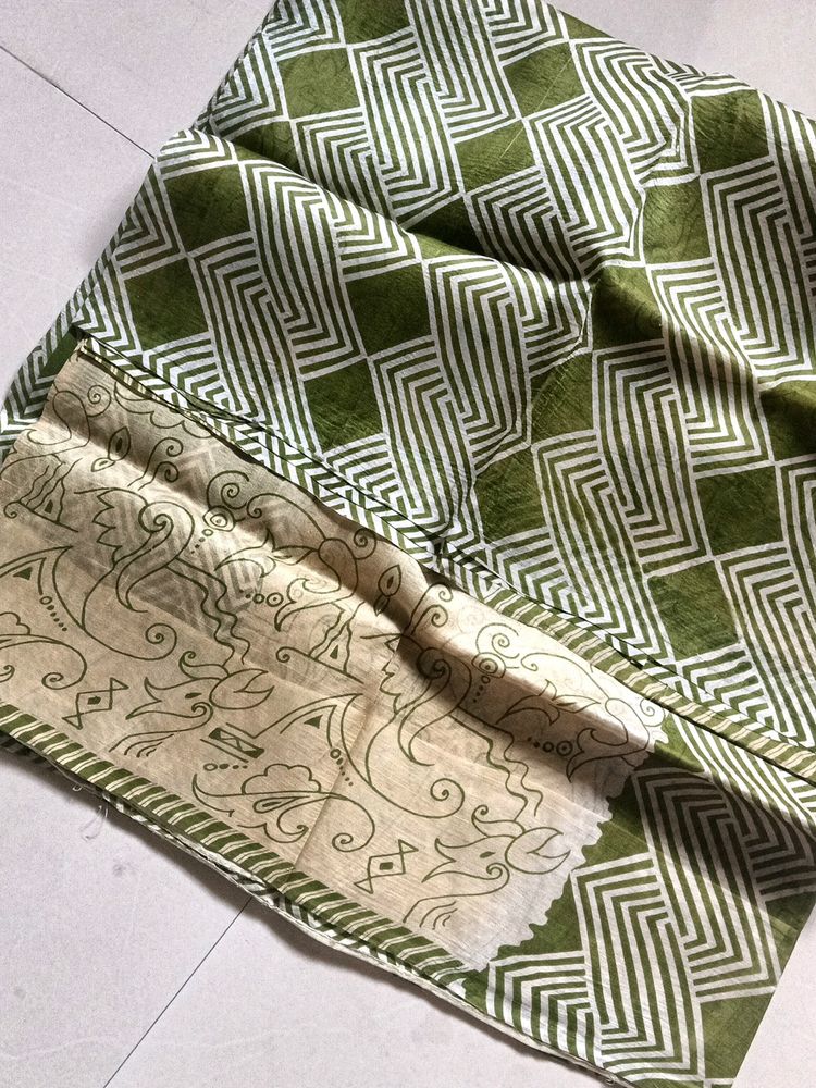 Olive Green And Cream Raw Silk Saree