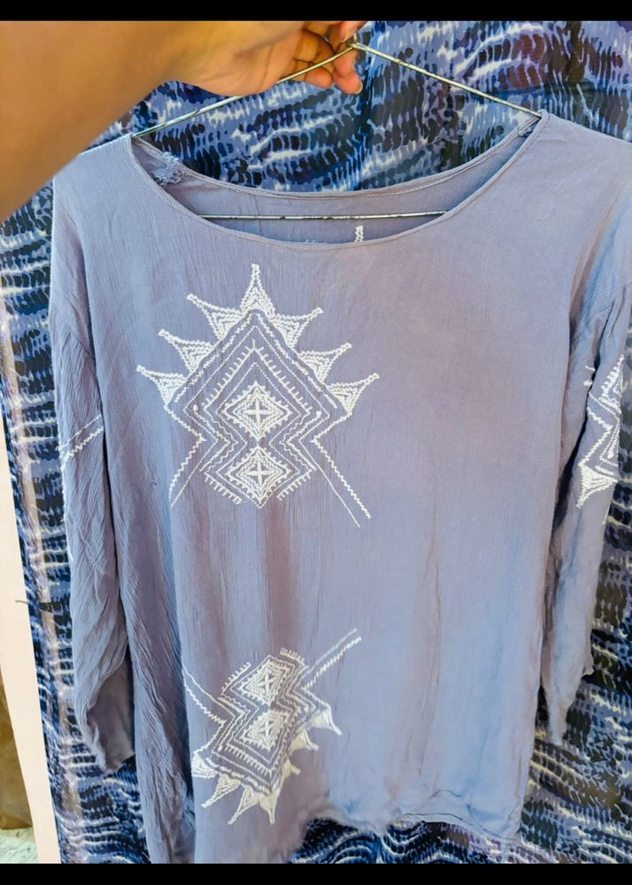 Icy Blue Tunic Embroidered Top