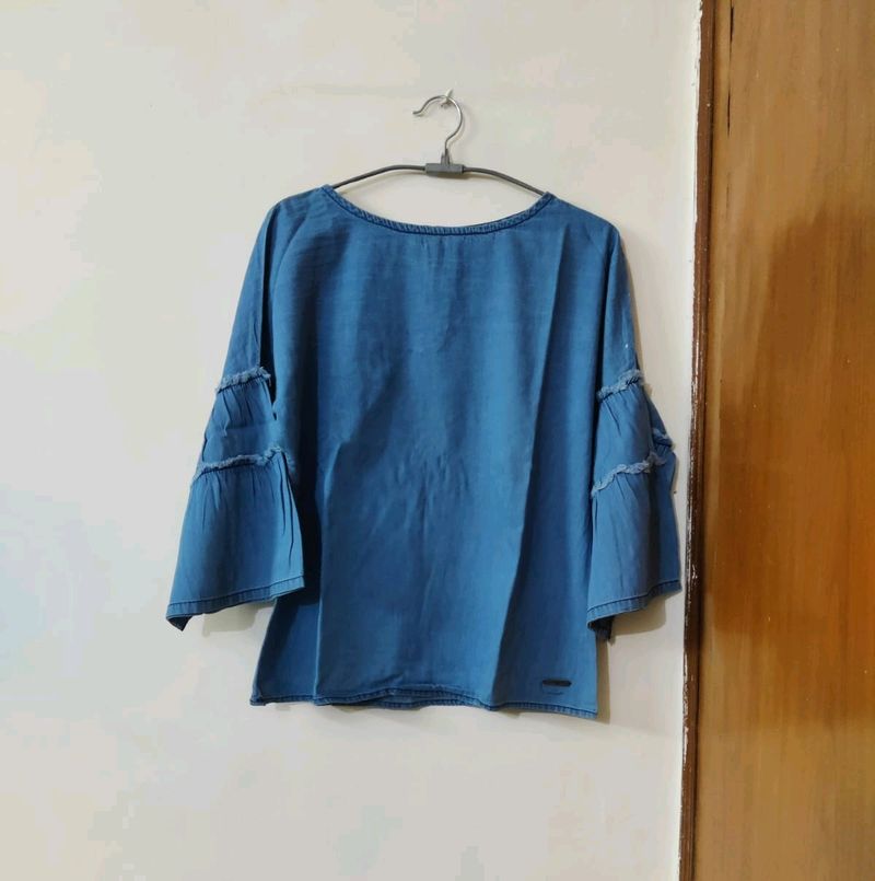 Women Cotton Denim Top With Bell Sleeves