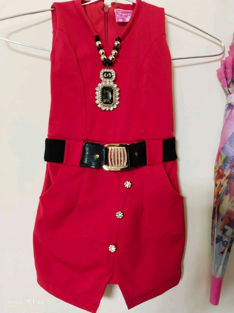 Red Neclace & Belt  Attached Dress For Baby Girl