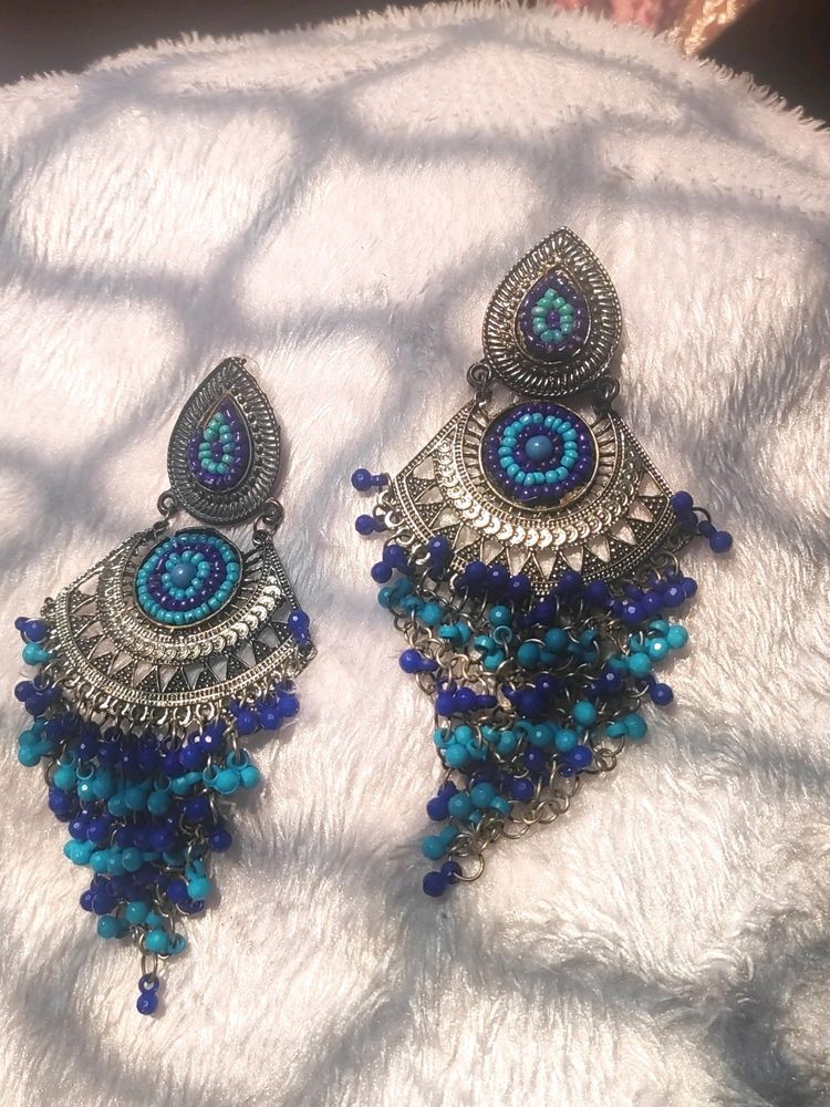 Oxidized Indian Traditional Earrings In Blue