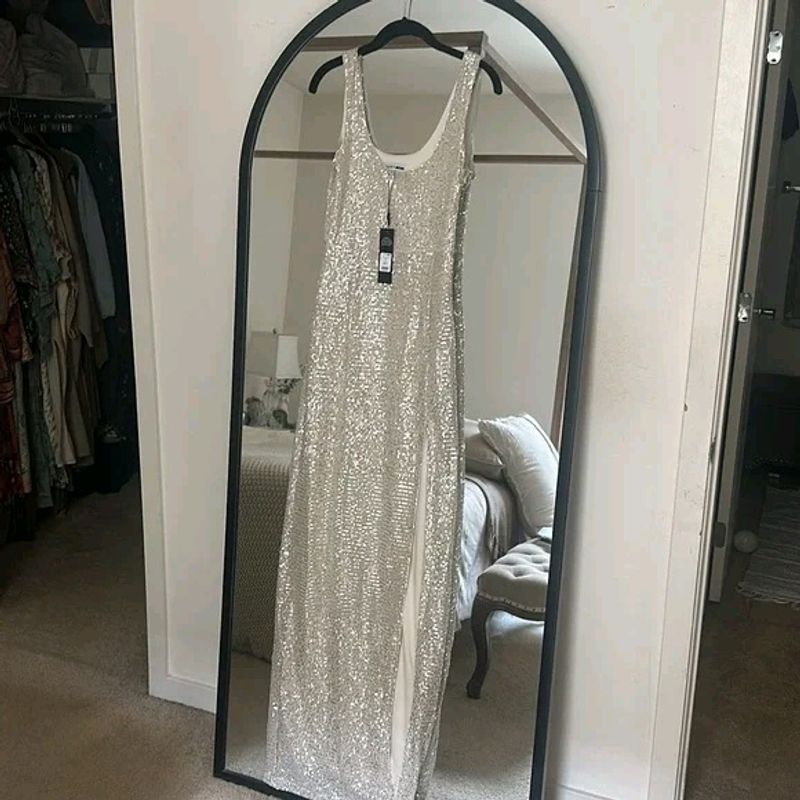 Fashion Nova Tall Family Affair Silver Sequin Gown