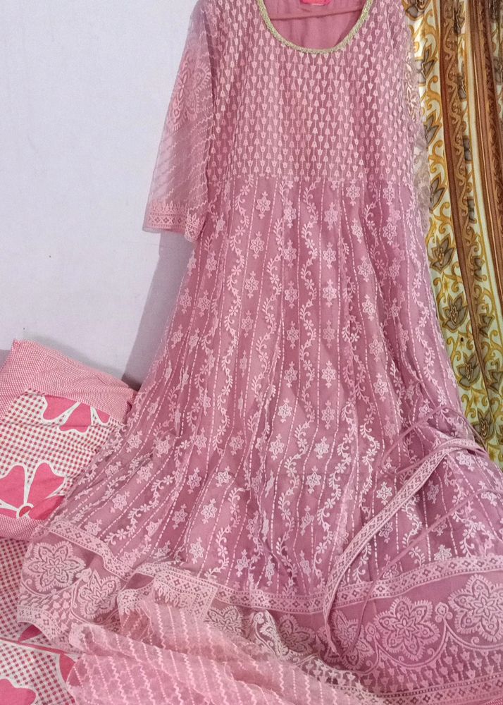 Pink Anarkali With Belt & Dupatta