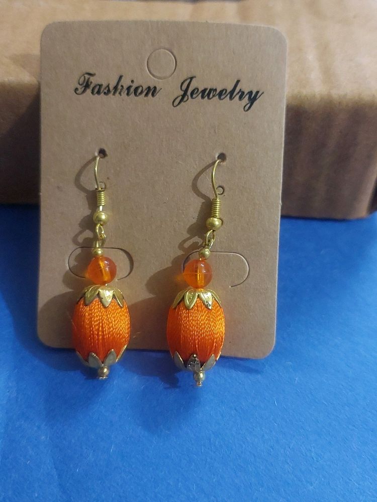 Elegant Orange Silk Thread Bead Earrings