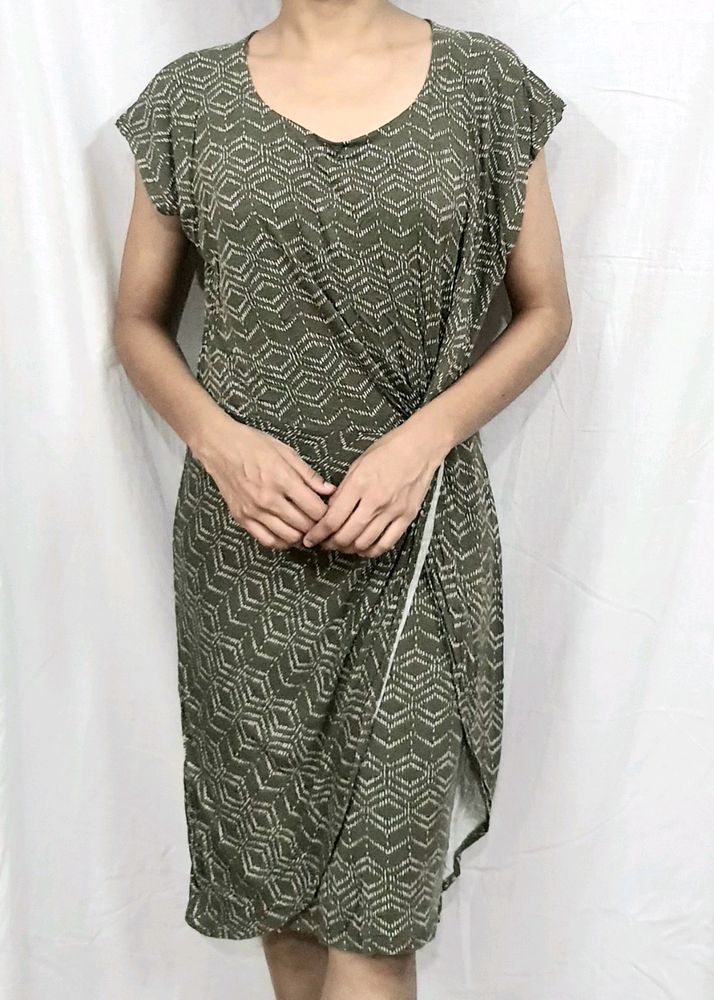 Elegant Olive Green Geometric Printed Drape Dress