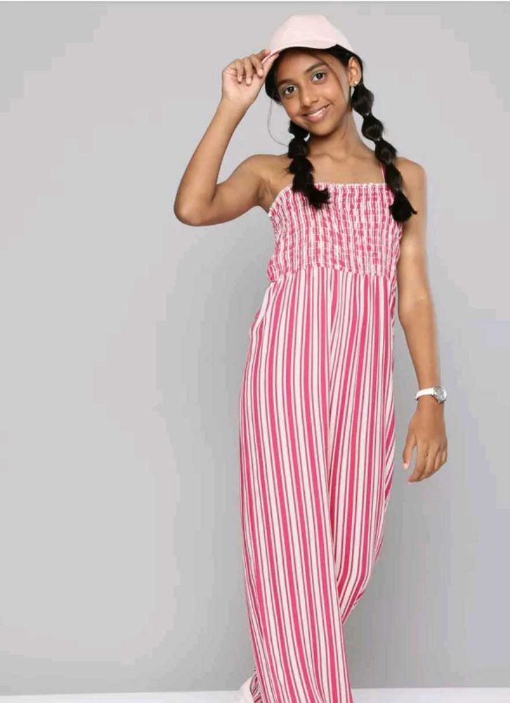 White and pink striped basic jumpsuit